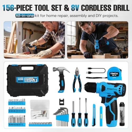 KingTool 156-Piece Blue Tool Kit, 8V Cordless Drill for Home Repairs & DIY