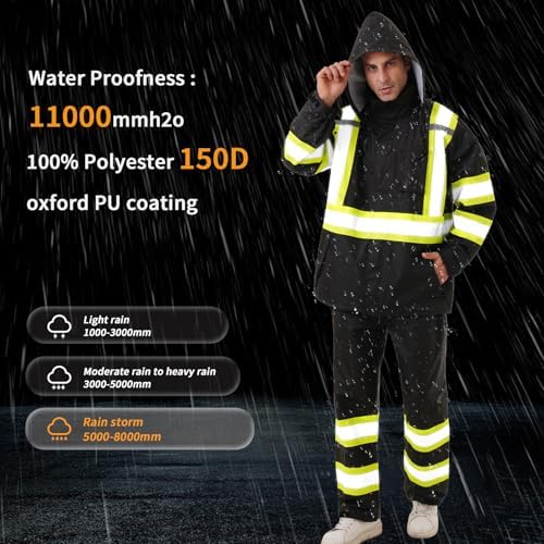 Hi Vis Safety rain Jacket，Reflective Class 3 Rain coat with Inner Mesh Lining and Pockets High Visibility Waterproof work Rain Suits for men&women（Black,SM/MD）