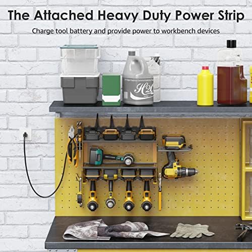CCCEI Modular Power Tool Organizer Wall Mount Charging Station, Yellow 6 Drills Holder with 8 Plug Power Strip, Garage Drill Battery Heavy Duty Metal Shelf, Utility Rack with Hooks, Side Storage.