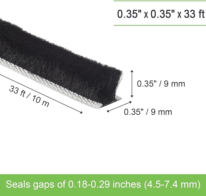 Self-Adhesive Weather Stripping Seal for Doors & Windows – Soundproof Insulation Gap Filler for Sliding, Exterior, Front, and Jamb Frames – 0.35" x 0.35" x 33 ft, Black