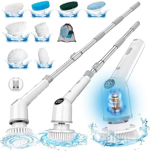 Electric Spin Scrubber: Cordless Shower Scrubber with 8 Replaceable Brush Heads- 3 Adjustable Speeds- Adjustable Extension Handles- Power Cleaning Brush for Bathroom- Floor- Tile