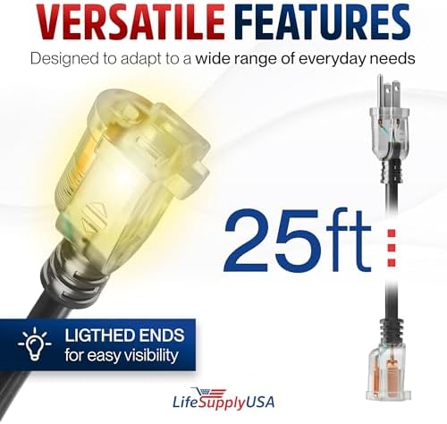 25ft Outdoor/Indoor Extension Cord 14/3 Gauge Heavy Duty 3 Prong SJTW, Waterproof, Flexible Cold-Resistant Long Power Cord,15A 125V 1875W, Black by LifeSupplyUSA