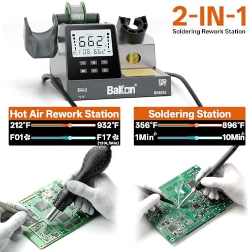 BK602S 2 in1 Soldering Iron Hot Air Rework Station,Digital Soldering Welding Iron Kit for Electronic DIY Circuit Work, Rapid Heat up Solder Station,Auto Sleep,ºC/ºF Conversion