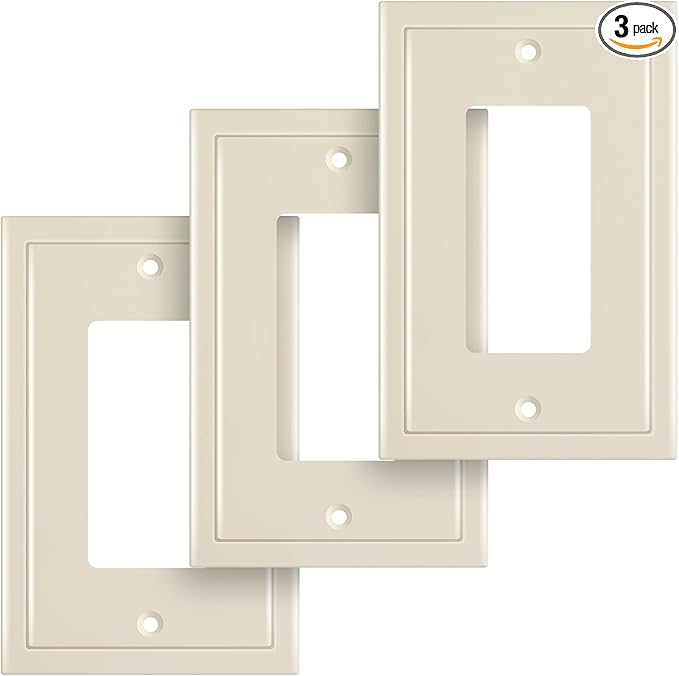 Henne Bery Modern Edge Decorative Wall Plate Switch Plate Outlet Cover, Durable Solid Zinc Alloy (Single Decorator 3PK, Light Almond)
