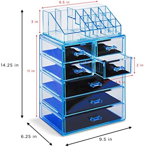 Sorbus Makeup Organizer, 7-Drawer Acrylic 2-Piece Set (Blue Brilliance)