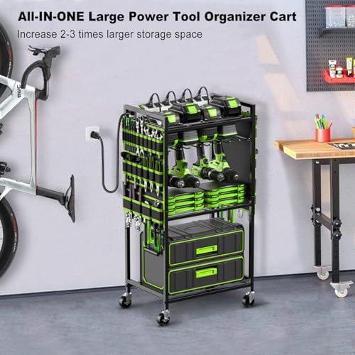 JUNNUJ Power Tool Organizer Cart with Charging Station, 10 FT Cord, Green