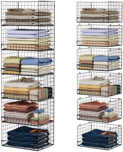 Yociyoga 6-Tier Stackable Closet Organizers and Storage Shelves, Closet Shelf Organizer Basket Bins, Foldable Sweater Storage for Clothes Organizer System, Black（Patent No. 30022416）