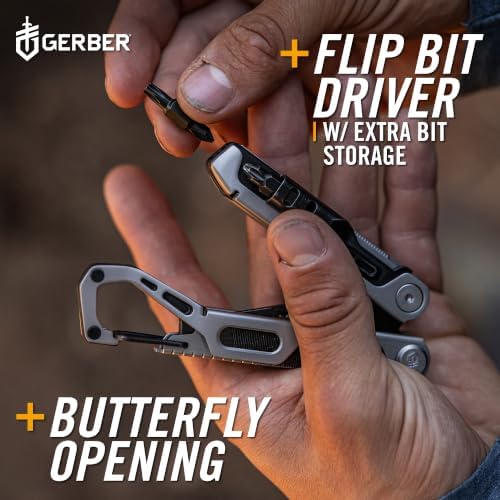 Gerber Gear Stakeout Drive - 10-in-1 Butterfly-Opening Multitool with Needlenose Pliers, Oversized Flip Bit Driver, Plain Edge Blade, Chisel, Bottle Opener, Pocket Clip & Carabiner Carry - Silver