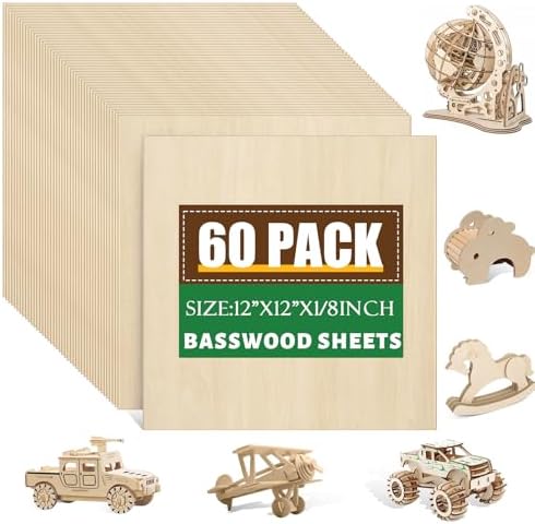 60 Pack Basswood Sheets 12x12x1/8 Inch for Crafts，Unfinished Wood for Laser Cutting & Engraving，Wood Burining，Plywood for Architectural Models.