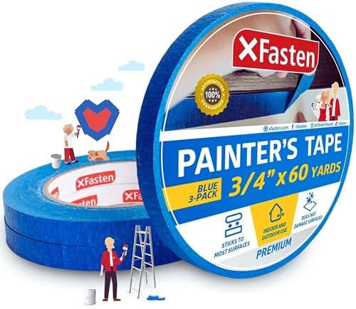 XFasten Professional Blue Painters Tape, Multi-Use, 3/4 Inches x 60 Yards (3-Pack) - Produces Sharp Lines and Residue-Free Artisan Grade Clean Release Wall Trim Tape