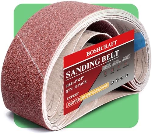 BOSHCRAFT 12 Pcs 4"x24" Sanding Belts, 60/80/120/180/240/400 Grit (2 Pcs Each) Aluminum Oxide for Woodworking & Metalworking