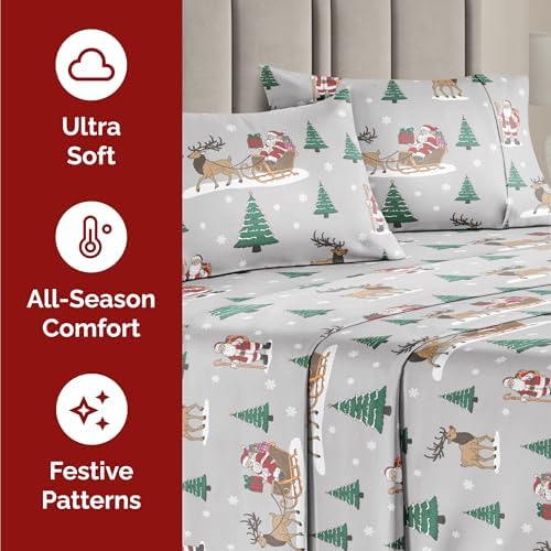 Christmas Sheet Set, Santa’s Sleigh, Holiday Xmas Bedding Set - King Size