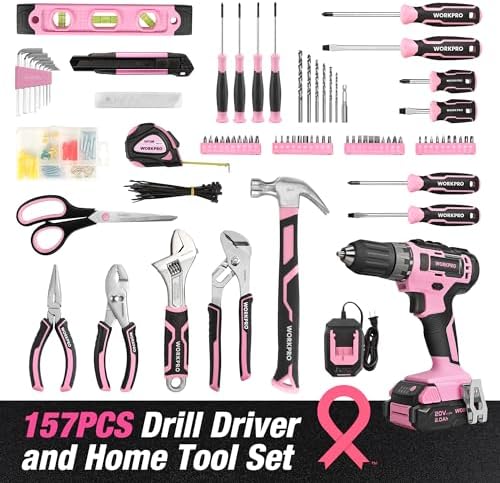 WORKPRO 20V Cordless Pink Drill Set for Women, Pink Tool Set with Bag