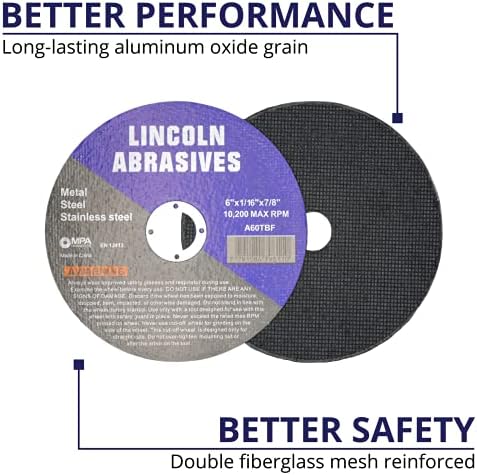 25 Pc 6" x 1/16" x 7/8" Cut-Off Wheels Lincoln Abrasives Metal & Stainless Steel