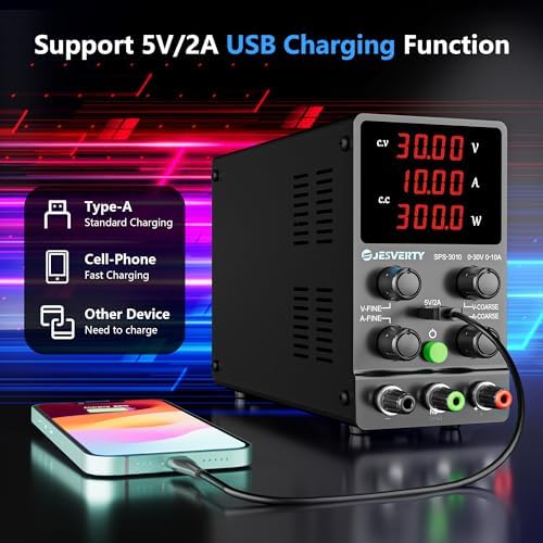 DC Power Supply Variable, 0-30V 0-10A Adjustable Switching DC Regulated Bench Power Supply with High Precision 4-Digit LED Display, 5V/2A USB Port, Coarse and Fine Adjustment SPS-3010