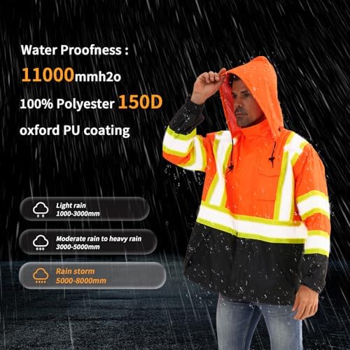 Reflective Rain jackets for men waterproof,Hi Vis Safety Coat With Reflective Strips，High Visibility Class 3 Rain jackets With 2 large pockets，Zipper,Orange,2XL/3XL