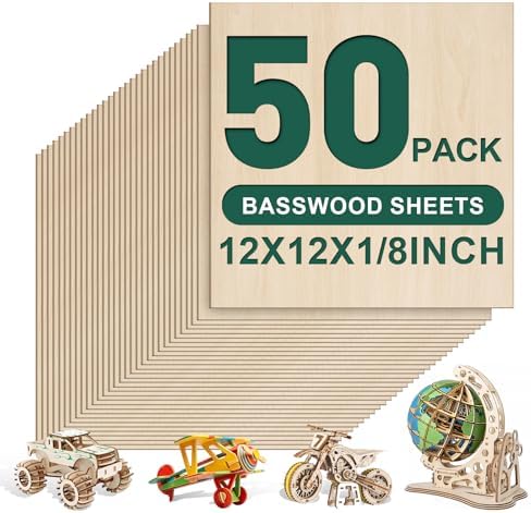 50 Pack Basswood Sheets 1/8x12x12 Inch 3mm Basswood for Laser Cutting, Drawing,Wood Burning, Architectural Models.Plywood Sheets Unfinished Wood Sheets for DIY Crafts.