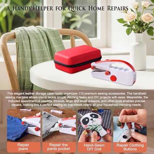 Handheld Sewing Machine Heavy Duty, with Red Leather Storage Case and 110-Piece Sewing Kit, Mini Portable, Ideal for Adults & Beginners, Complete Set of Quick Home Clothing Repair Tools, Good Gift