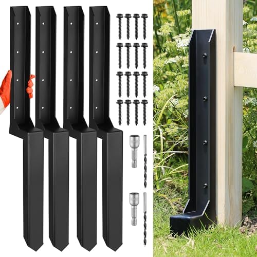 Fence Post Repair Kit, Heavy Duty One-Piece Steel Anchor & Stakes for Repair Broken Tilted Leaning Wood Posts, Rust-Proof Easy Installation, Upgraded 11-Gauge Thickness (4 Pack)