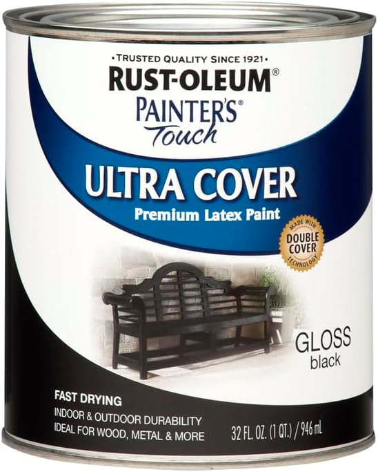 Rust-Oleum 1979502 Painter's Touch Latex Paint, Quart, Gloss Black, 1 Quart (Pack of 2)