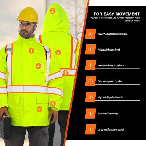 FATONE Hi Vis Rain Jacket for Men Lightweight Reflective Safety Rain Gear Waterproof with Hood, Class 3 Work Raincoat ANSI/ISEA Tested Yellow 2XL/3XL