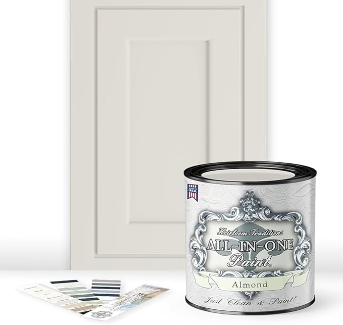 ALL-IN-ONE Paint by Heirloom Traditions, Almond (Neutral White), Quart - Durable cabinet and furniture paint. Built in primer and top coat, no sanding needed. Includes our 30 featured color card.