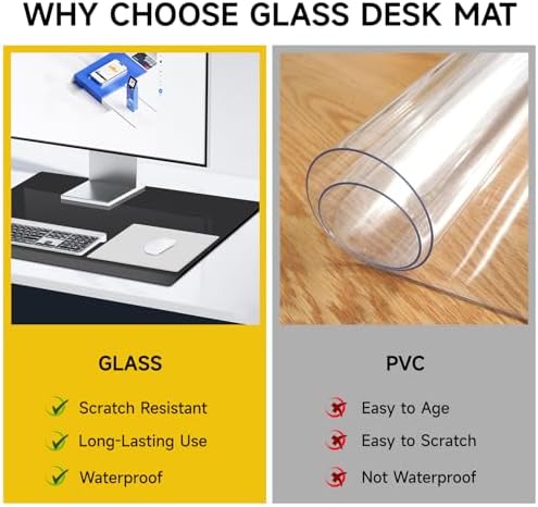 VASUHOME 24" x 18" Black Tempered Glass Desk Mat - Multi-Functional Desk Pad for Keyboard and Monitor Protection, Dry Erase Surface, Ideal Table Top Protector for Home & Office