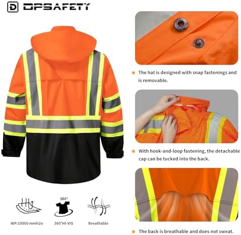 Reflective Rain jackets for men waterproof,Hi Vis Safety Coat With Reflective Strips，High Visibility Class 3 Rain jackets With 2 large pockets，Zipper,Orange,LG/XL