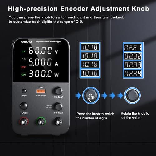 DC Power Supply Variable, Bench Power Supply with Encoder Adjustment Knob, Output Enable/Disable Button, Adjustable Power Supplies with USB Quick-Charge, Short Circuit Alam (60V 5A Black)