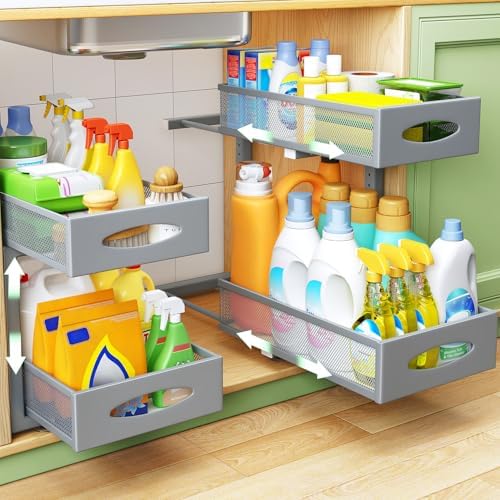 2 Pack Under Sink Organizer, 2 Tier Pull out Cabinet Organizer Mesh Baskets with 5 Adjustable Heights, Sliding Drawers Storage Shelf for Home, Kitchen, Bathroom, Pantry, Office, Countertop ,Grey