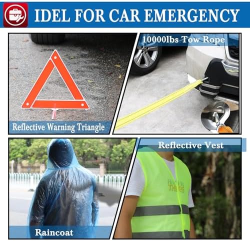 kewen Car Emergency Kit, Roadside Assistance Emergency Car Kit Jumper Cables, Road Trip Essentials, Auto Vehicle Car Safety Kit with Digital Air Compressor Tire Inflator, Reflective Warning Triangle