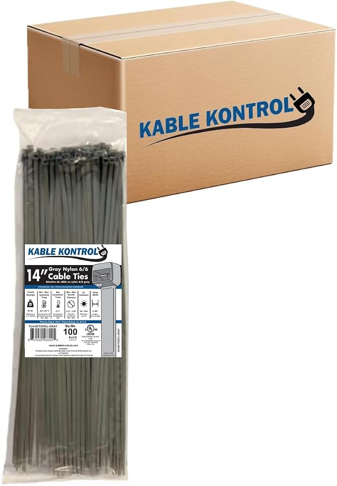 Kable Kontrol Cable Zip Ties, 14 Inch, 6000 Pcs, 50lbs Test, Gray | Nylon Plastic, Self Locking, UL Listed, Indoor Use