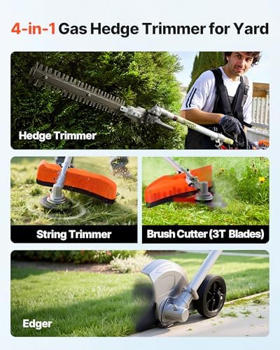 VEVOR Gas Hedge Trimmer, 2 Cycle Gas Power Handheld Hedge Trimmer, 4-in-1 26cc Weed Eater with Protective Gear Set, Includes Hedge and String Trimmer, Edger, Brush Cutter, for Trimming Shrubs & Bushes