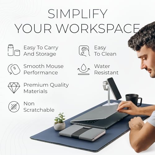 Nordik Felt and Leather Desk Mat - Dual Layer Midnight Blue 35 x 17 in