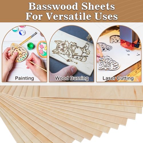 50 Pack Basswood Sheets for Crafts,12"x12"x1/8" 3mm Thick Plywood Sheets with Smooth Surfaces-Unfinished Squares Wood Boards for Laser Cutting, Wood Burning, Architectural Models, Staining