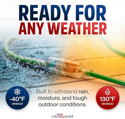 200ft Outdoor/Indoor Extension Cord 10/3 Gauge Ultra Heavy Duty 3 Prong SJTW, Waterproof, Flexible Cold-Resistant Long Power Cord,10A 125V 1250W, Green by LifeSupplyUSA