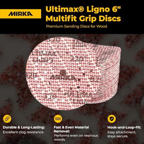Mirka Ultimax Ligno 6 Inch 320 Grit Wood Sanding Discs Hook & Loop, 50 Pack
