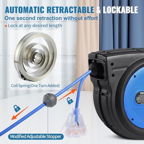 VEVOR Retractable Extension Cord Reel 75FT Heavy Duty 14AWG/3C SJTOW Blue
