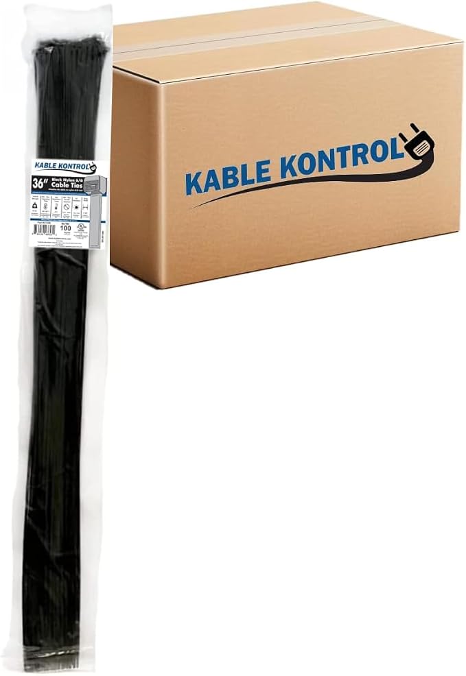 Kable Kontrol Cable Zip Ties, 36 Inch, 1000 Pcs, 50lbs Test, Black | Nylon Plastic, UV-Resistant, Self Locking, UL Listed, Indoor & Outdoor Use