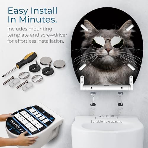 Sanilo Wooden Toilet Seat with Quick Release & Soft Close [ROUND] - Decorative & Slow Close Molded Wood Seat - With One Click for Easy Installation & Cleaning - With Adjustable Fit (Cool Cat)