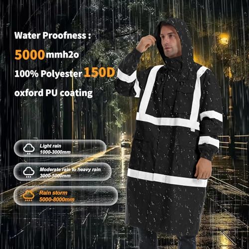 Hi Vis Rain Jacket with 3M Reflective Stripe,High Visibility Class 3 Rain coats,Safety Waterproof Rain Suits for Men with Hood and 2 Large Pockets construction work rain gear(Black 3XL)