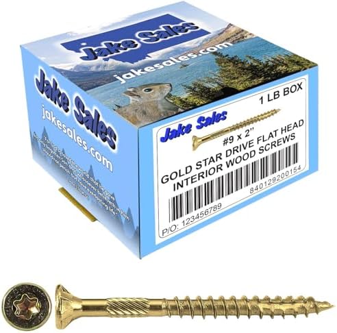 Jake Sales #9 x 2 Gold Star Wood Screw Torx/Star Drive Flat Head (1 Pound - 117 Approx. Screw Count) - Multipurpose Torx/Star Drive Wood Screws