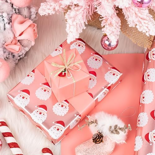WRAPAHOLIC 30 Inch Reversible Christmas Wrapping Paper - 30 Inch x 33 Feet - Santa Claus Wrapping Paper and Solid Rose Gold Design with Metallic Foil Shine for Chrsitmas, Holiday, Party