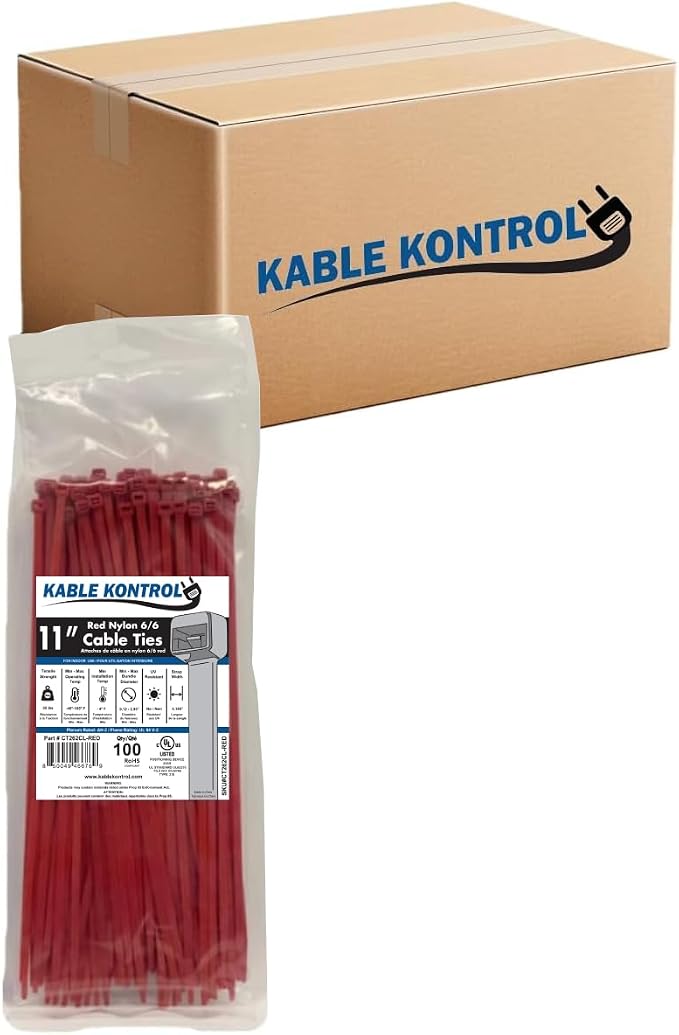Kable Kontrol Cable Zip Ties, 11 Inch, 8500 Pcs, 50lbs Test, Red | Nylon Plastic, Self Locking, UL Listed, Indoor Use