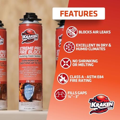 Kraken Bond Xtreme Pro Fire Block Expanding Foam Sealant (1x24oz), Professional Polyurethane Insulating Foam with Fire Block Technology, High Heat Resistant and Waterproof, Gun Included – 1 Pack