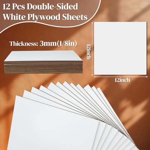 Geelin 12 Pcs 12 x 12 Inches Double-Sided Colored Plywood Sheets 1/8 Thin Craft Wood for Laser Cutting Engraving DIY Crafts Architectural Models Making (White)