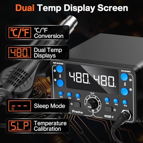 Preciva 902D V Soldering Station 2-in-1 SMD Hot Air Rework Station with LED, Memory Presets, Sleep, Calibration, °C/ºF | Includes Soldering Iron, Hot Air Gun, 5 Tips, 4 Nozzles, Holder, Solder Wire