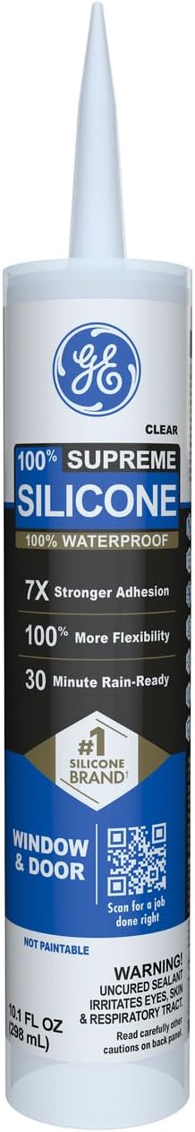GE Supreme Silicone Caulk for Window & Door, Clear, 10 fl oz Cartridge, 1 Pack - 100% Waterproof Silicone Sealant, 7X Stronger Adhesion, Shrink & Crack Proof