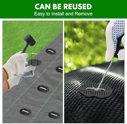 Ground Staples with Rubber Hammer,Pick Hook and Gloves,6Inch 100pcs Galvanized Garden Pegs+ 100pcs Gaskets,Anti-Rust,U-Shaped Lawn Spikes,Landscaping Fabric Pins for Weed Barrier,Yard Grass Cover