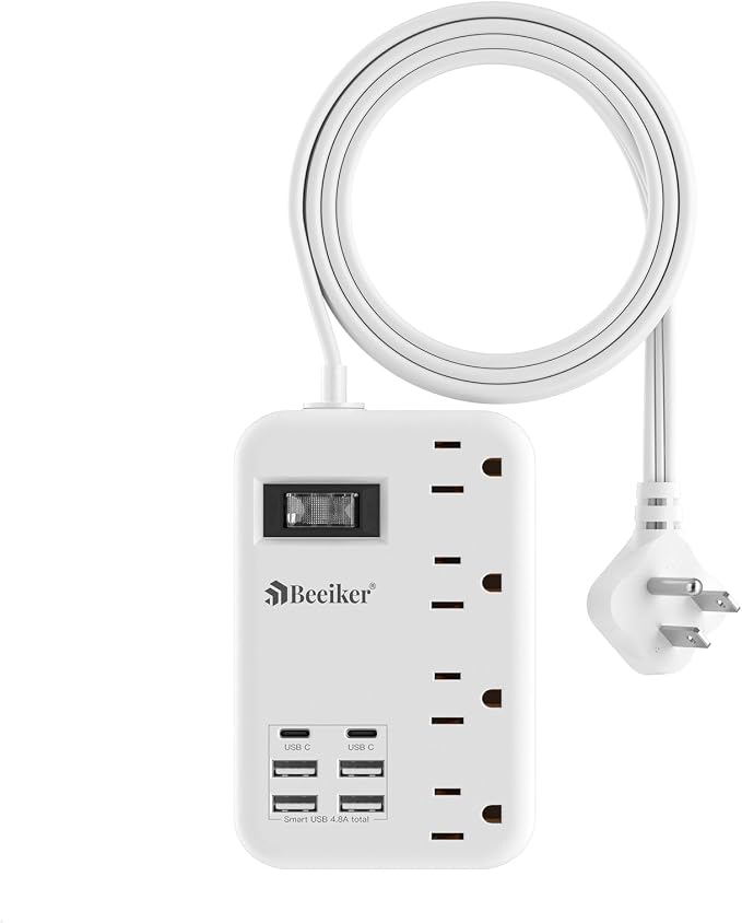 6 USB(2 USB C) Travel Power Strip- Flat Plug Extension Cord 3 Feet with 4.8A 24W USB Charging Station and 4 Outlets, 3 FT Short Extension Cord Portable for Travel Cruise Office College Dorm